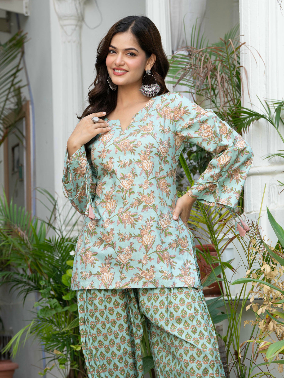 Women Sea Green Printed Cotton Farsi Suit Set