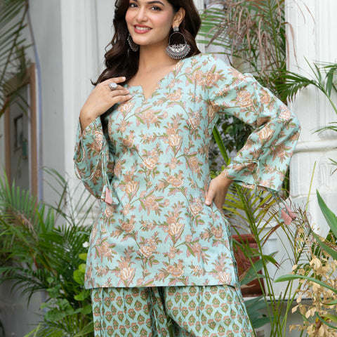 Women Sea Green Printed Cotton Farsi Suit Set