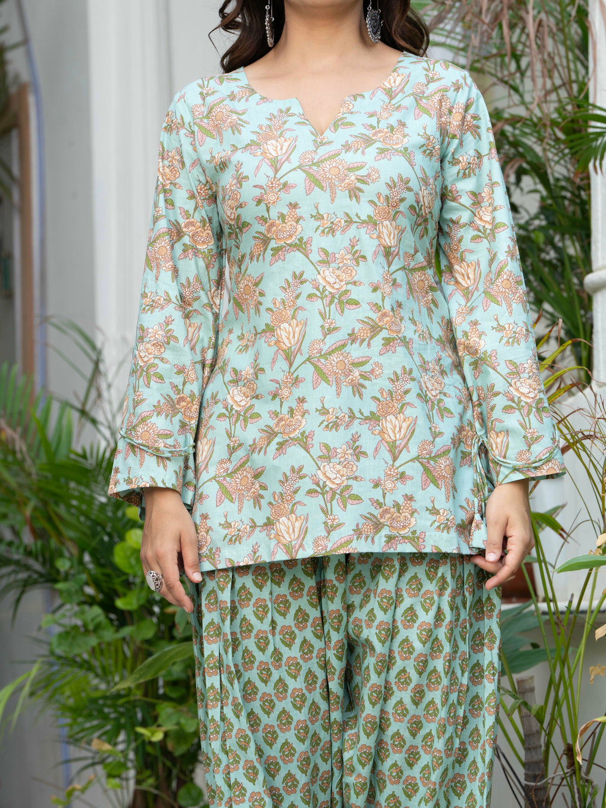Women Sea Green Printed Cotton Farsi Suit Set