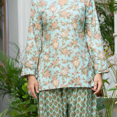 Women Sea Green Printed Cotton Farsi Suit Set