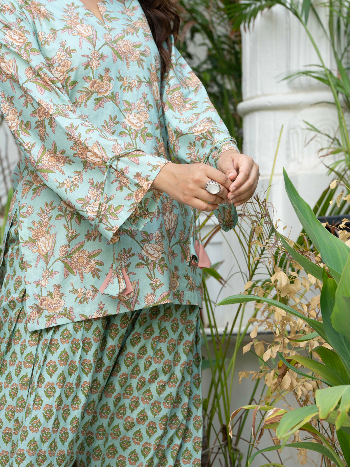 Women Sea Green Printed Cotton Farsi Suit Set