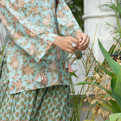 Women Sea Green Printed Cotton Farsi Suit Set