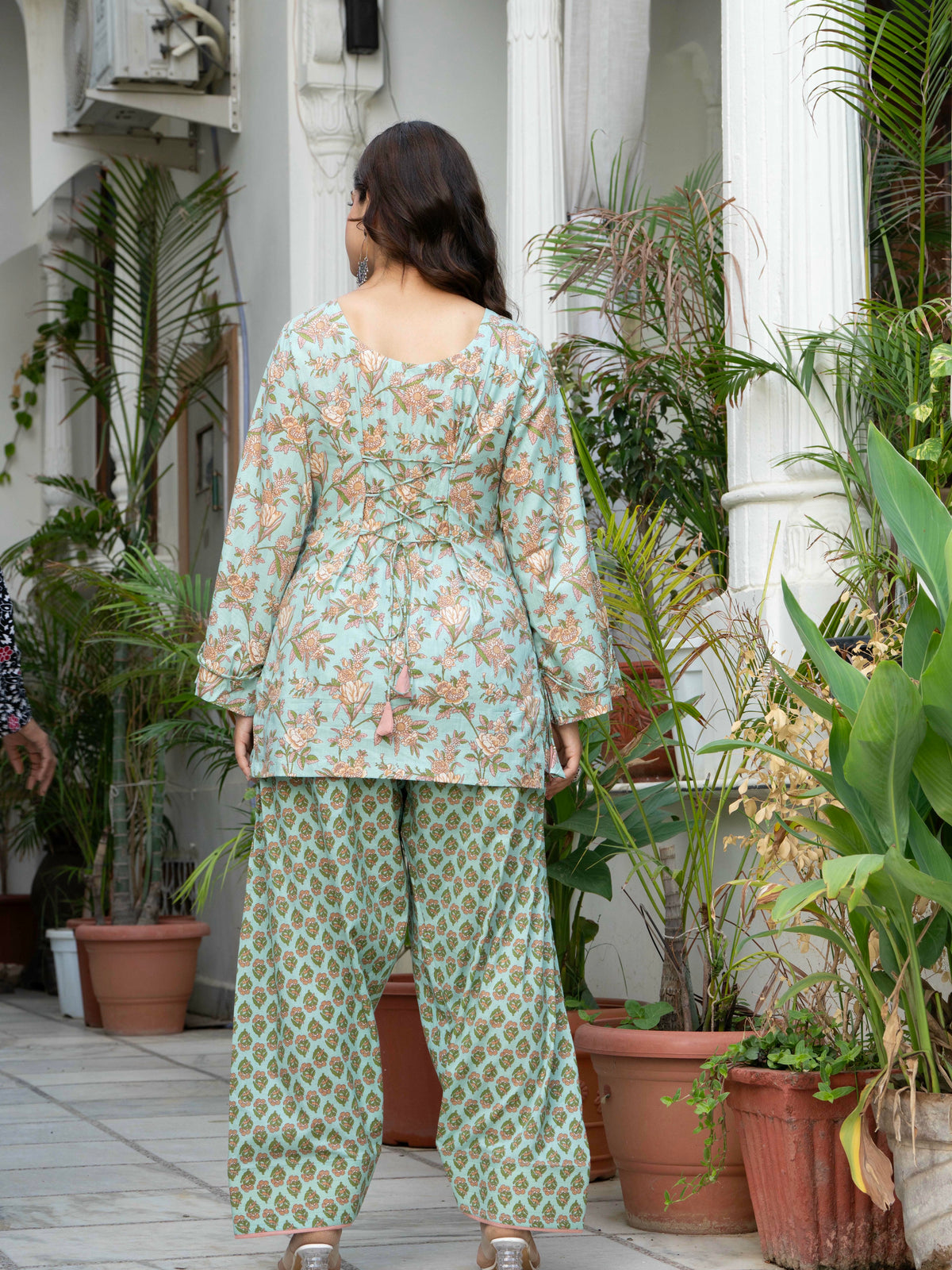 Women Sea Green Printed Cotton Farsi Suit Set
