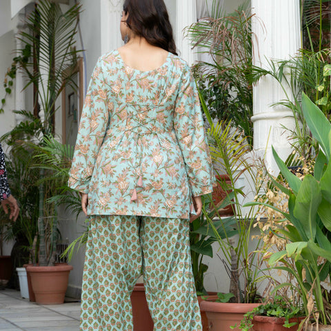 Women Sea Green Printed Cotton Farsi Suit Set
