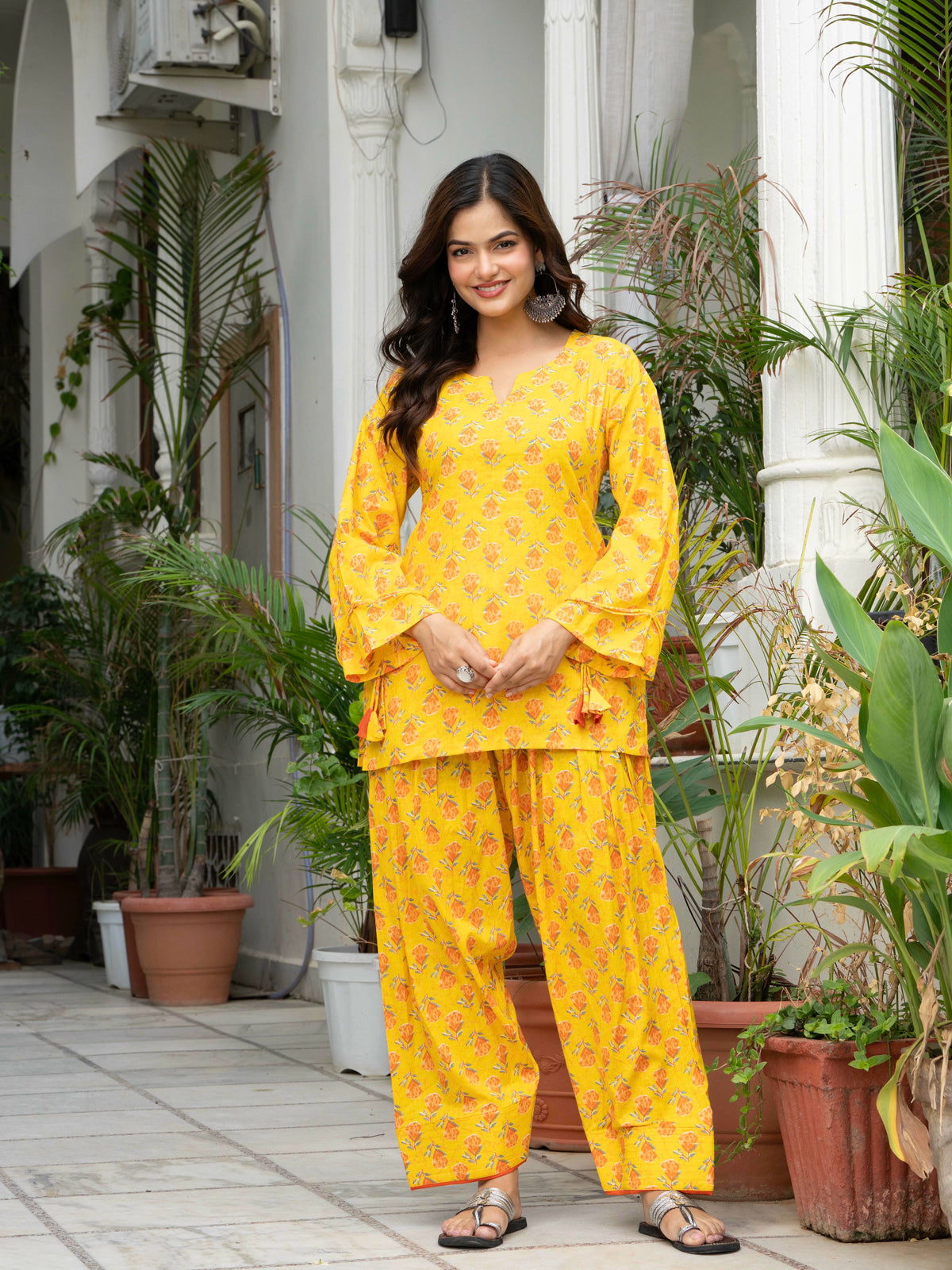 Women Yellow Printed Cotton Farsi Suit Set