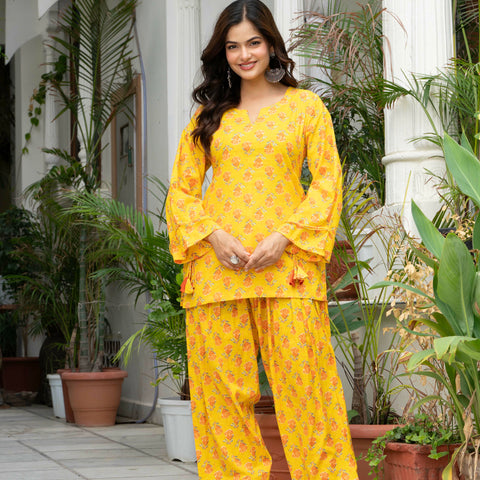 Women Yellow Printed Cotton Farsi Suit Set