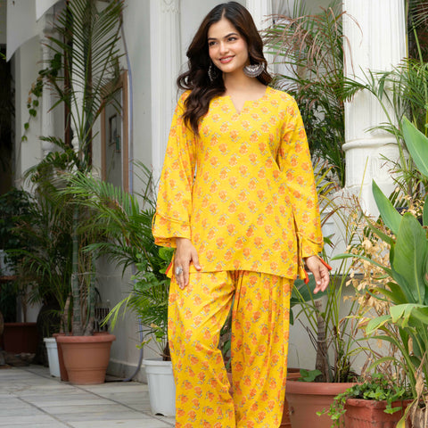 Women Yellow Printed Cotton Farsi Suit Set