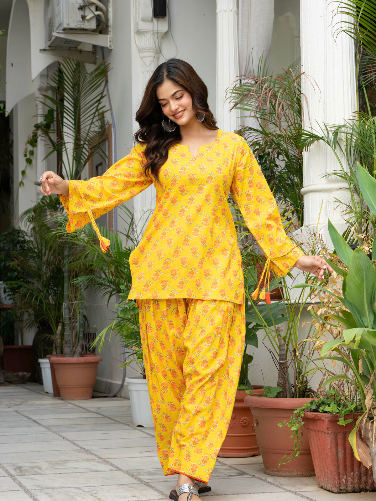 Women Yellow Printed Cotton Farsi Suit Set