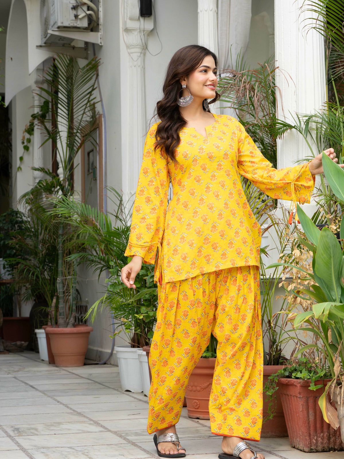 Women Yellow Printed Cotton Farsi Suit Set