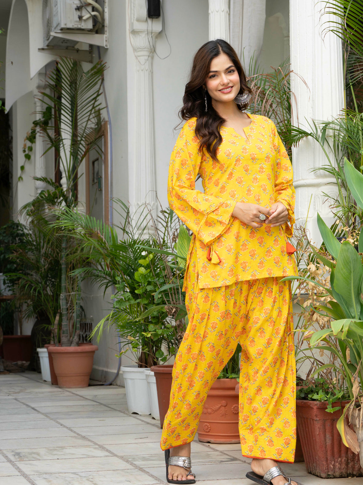 Women Yellow Printed Cotton Farsi Suit Set