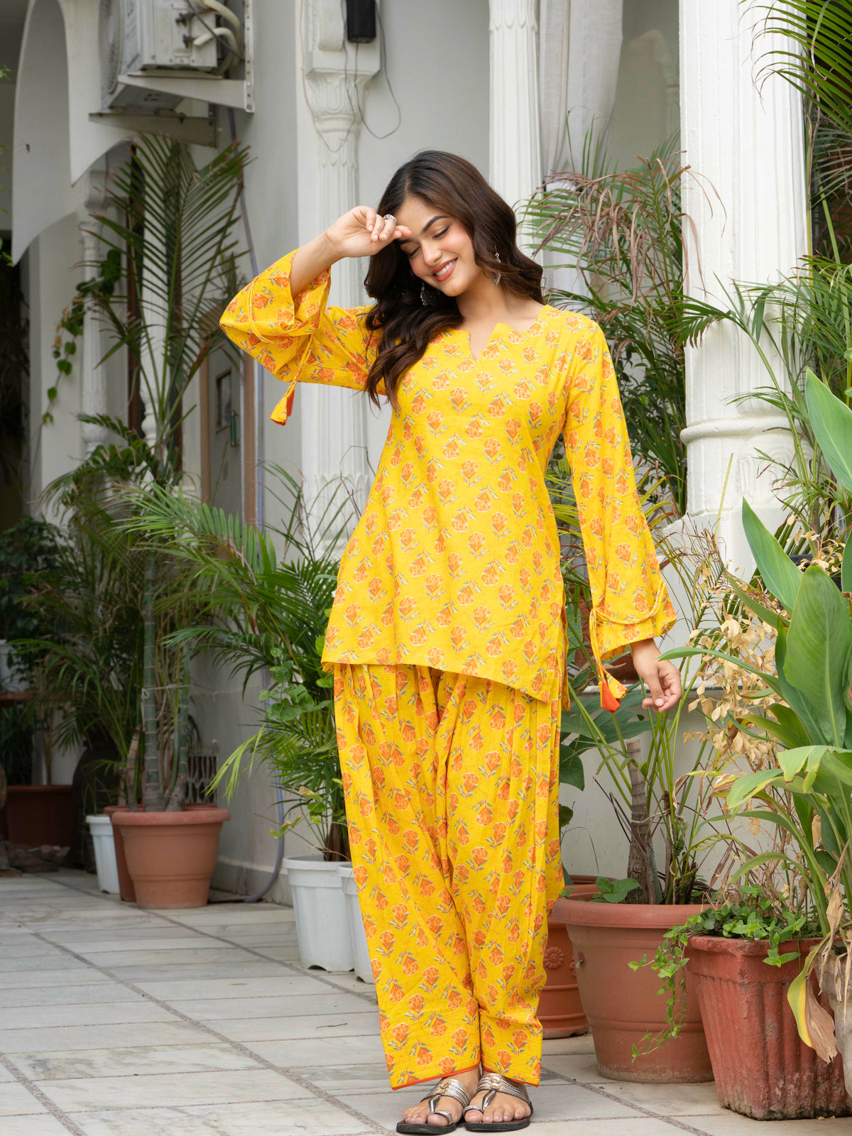 Women Yellow Printed Cotton Farsi Suit Set