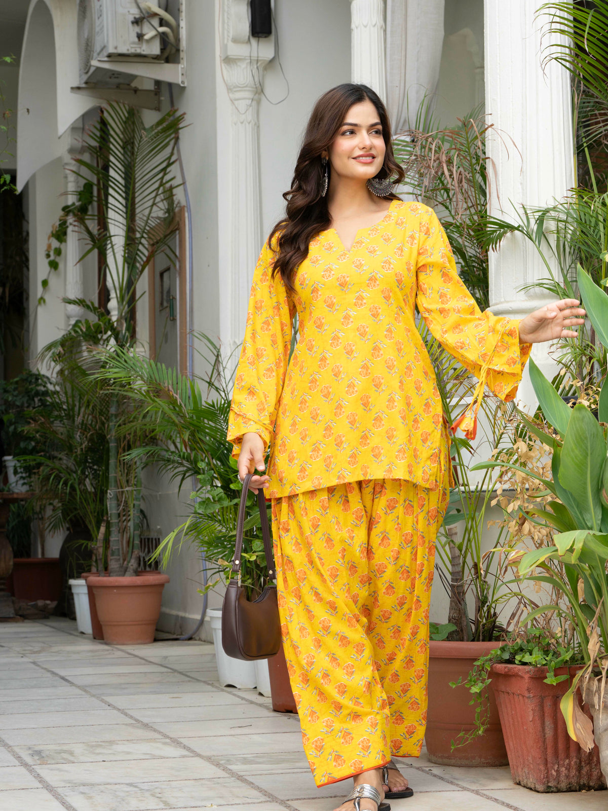 Women Yellow Printed Cotton Farsi Suit Set