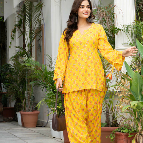Women Yellow Printed Cotton Farsi Suit Set