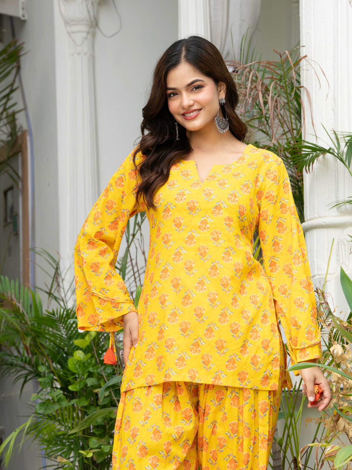 Women Yellow Printed Cotton Farsi Suit Set