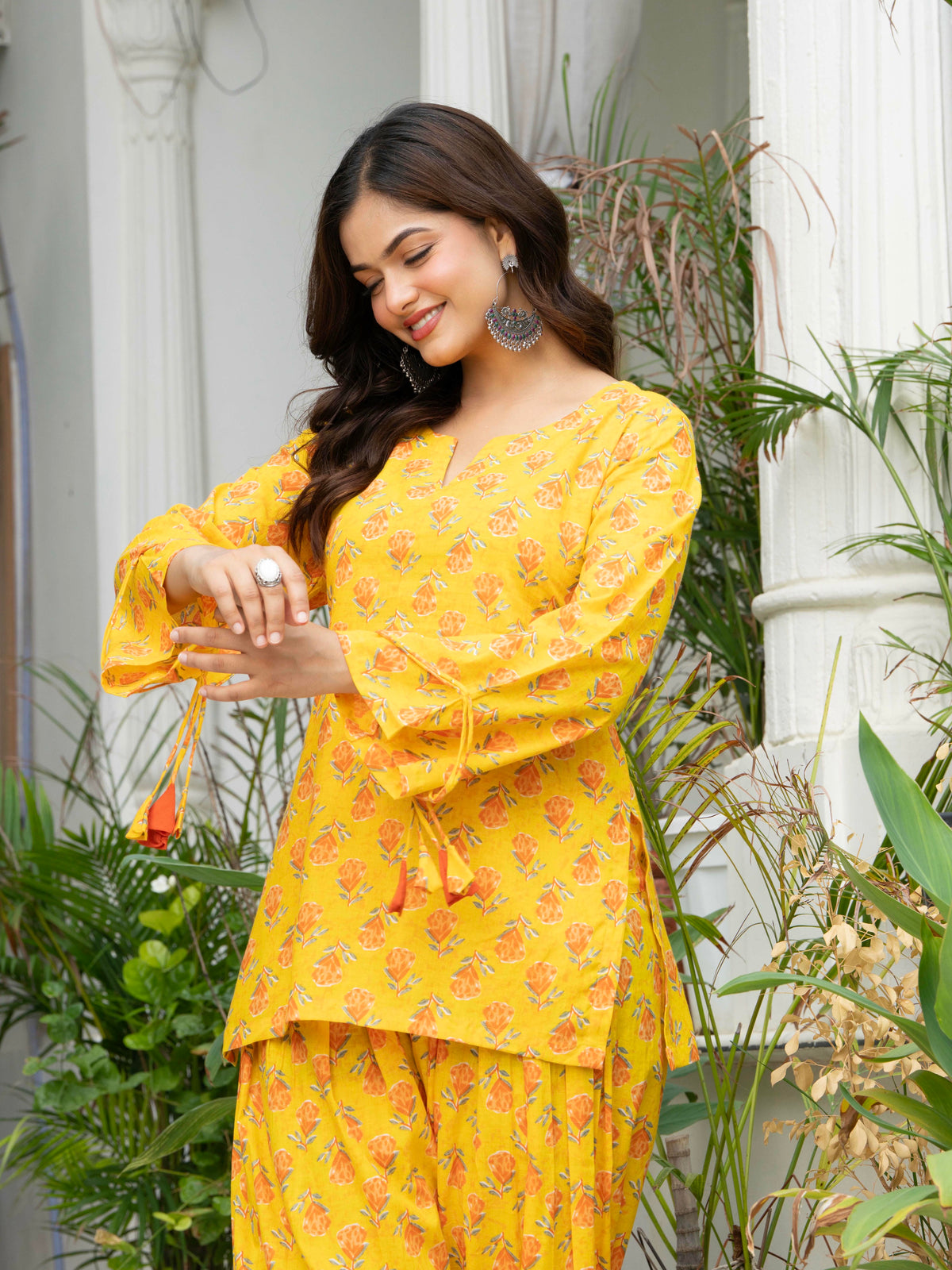 Women Yellow Printed Cotton Farsi Suit Set