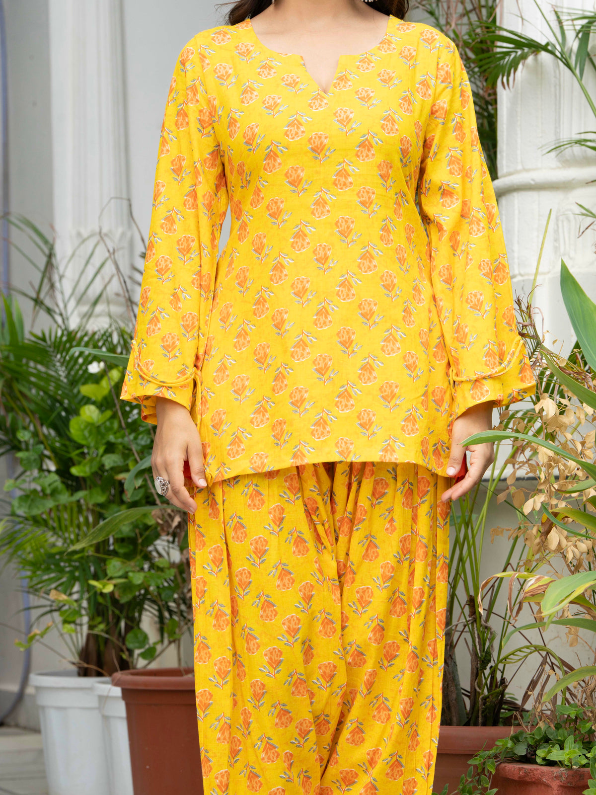 Women Yellow Printed Cotton Farsi Suit Set