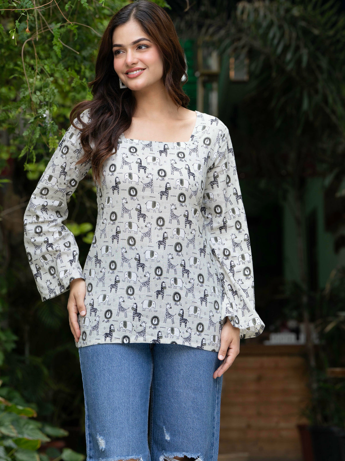 Women Off-White Cotton Corset Top with Bell Sleeves