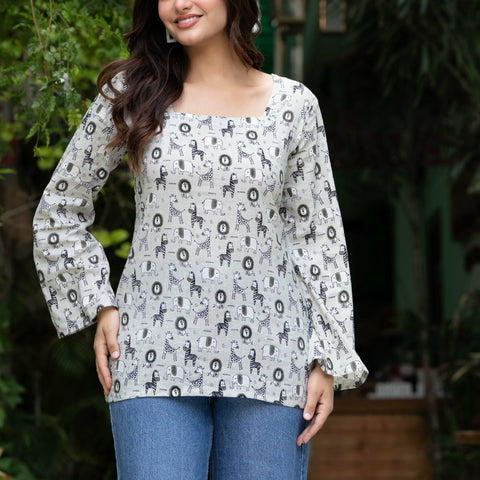 Women Off-White Cotton Corset Top with Bell Sleeves