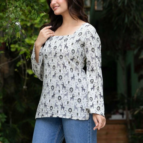 Women Off-White Cotton Corset Top with Bell Sleeves