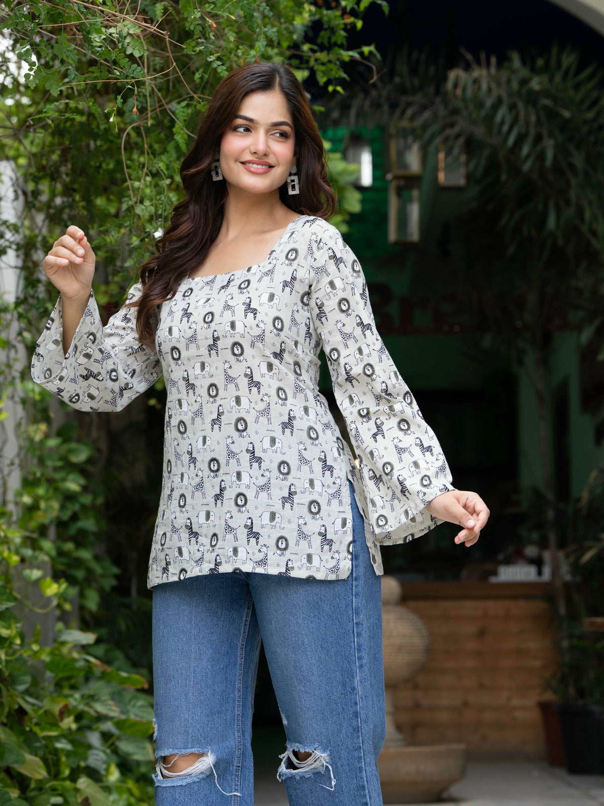 Women Off-White Cotton Corset Top with Bell Sleeves