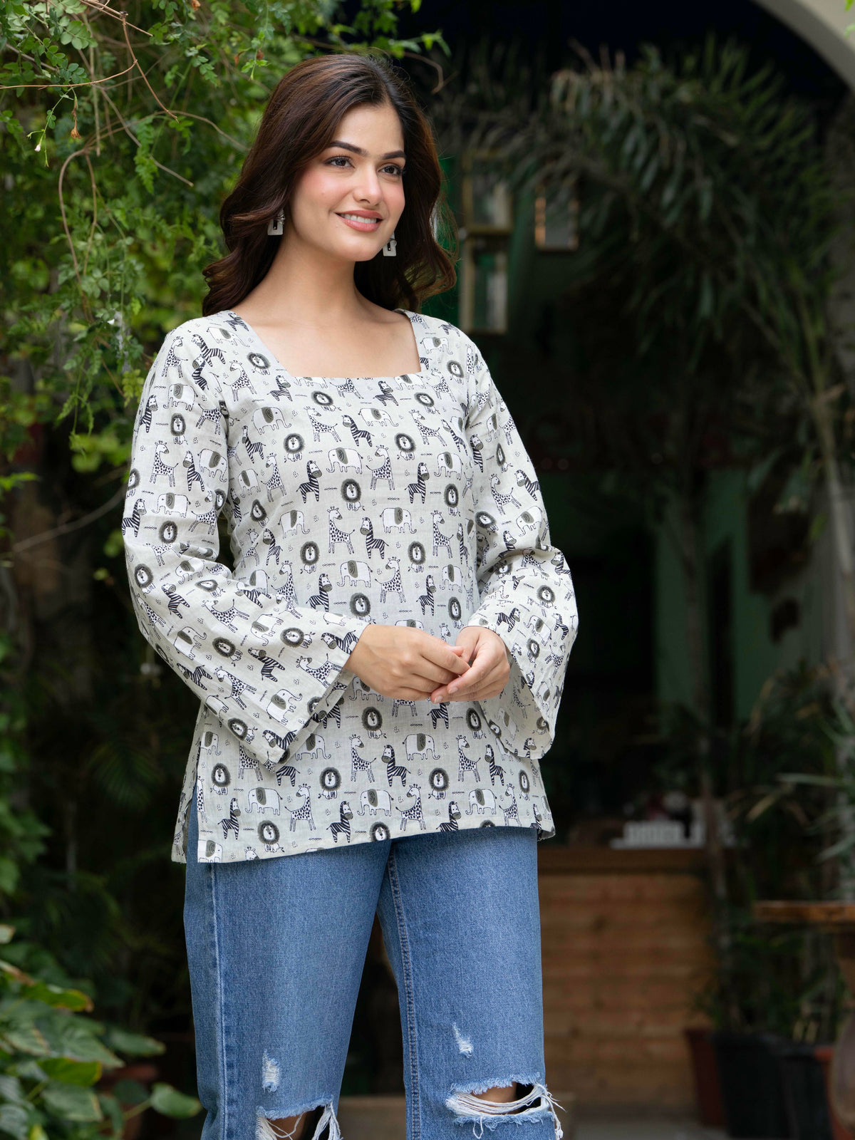 Women Off-White Cotton Corset Top with Bell Sleeves