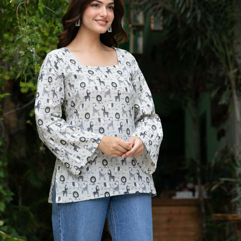 Women Off-White Cotton Corset Top with Bell Sleeves