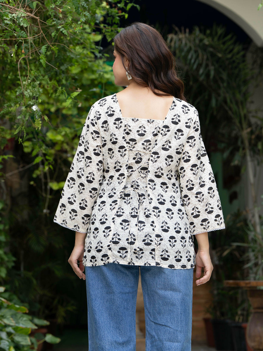 Women Off-White Floral Cotton Corset Top with Flared Sleeves
