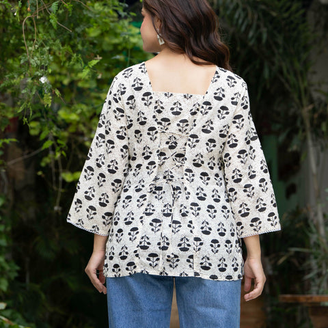 Women Off-White Floral Cotton Corset Top with Flared Sleeves