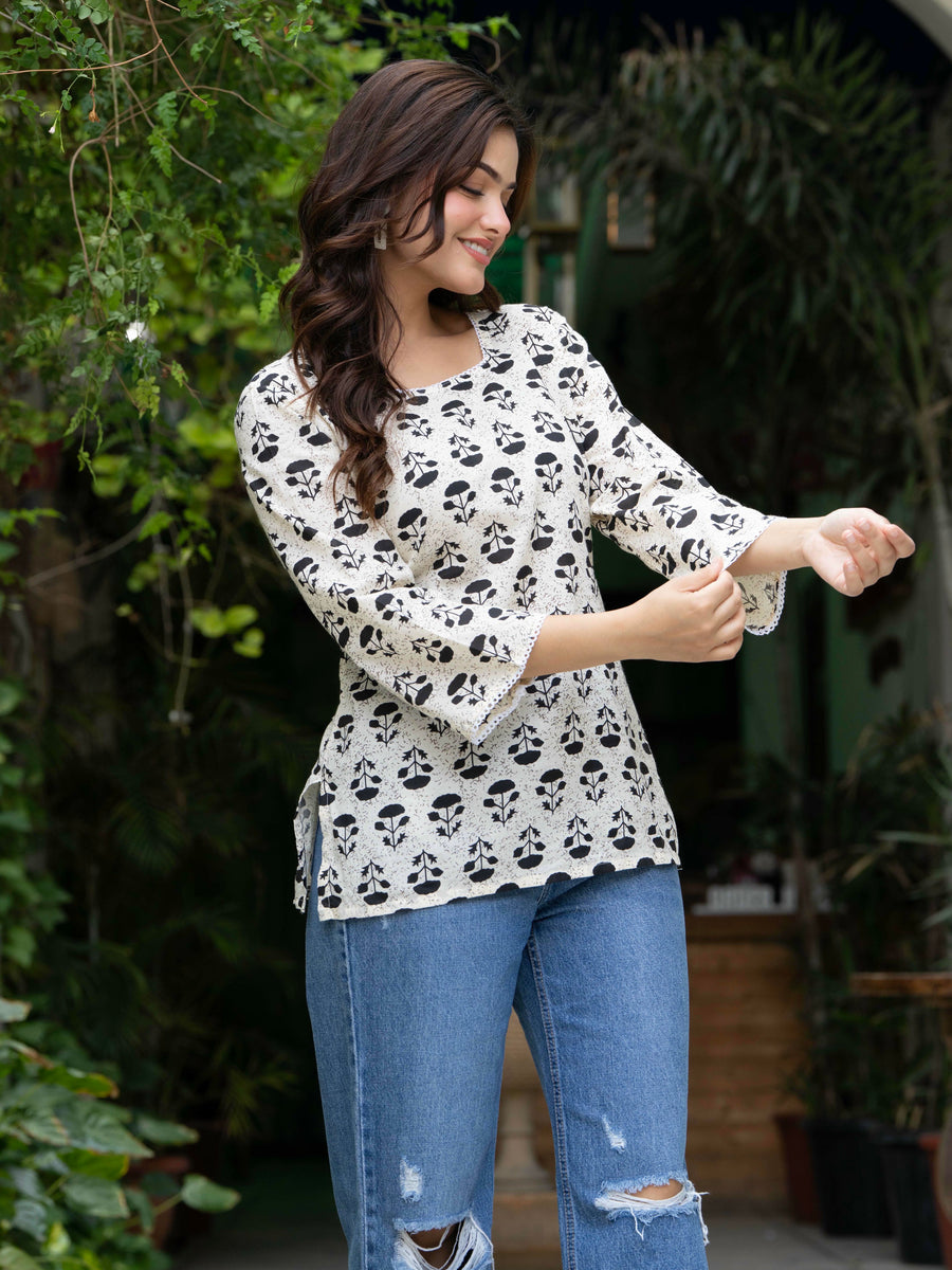 Women Off-White Floral Cotton Corset Top with Flared Sleeves