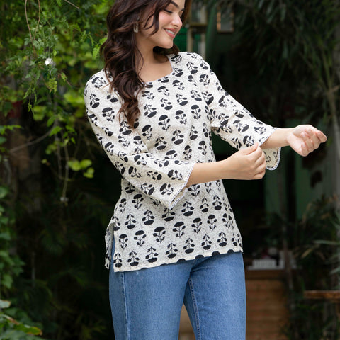 Women Off-White Floral Cotton Corset Top with Flared Sleeves