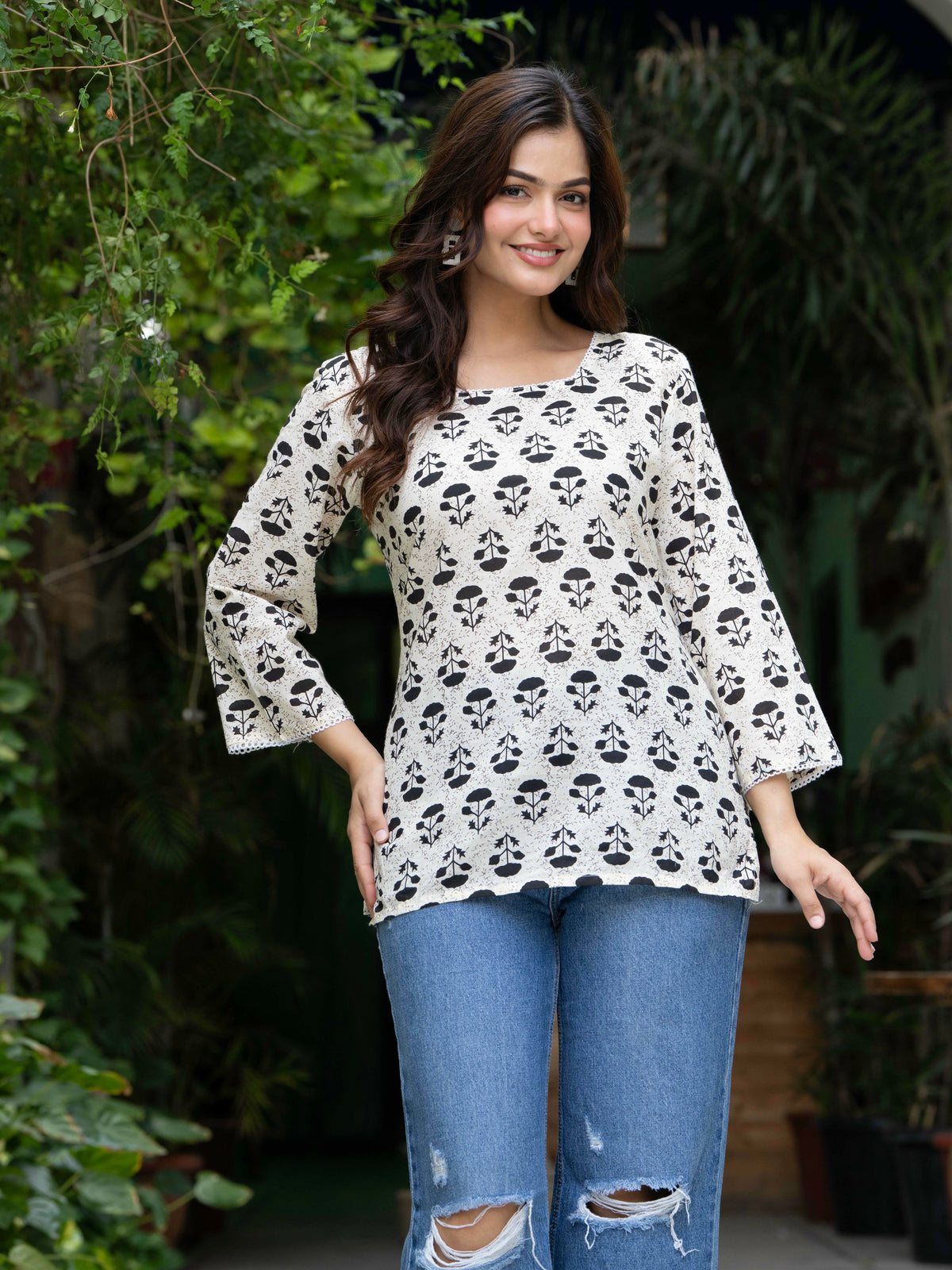 Women Off-White Floral Cotton Corset Top with Flared Sleeves