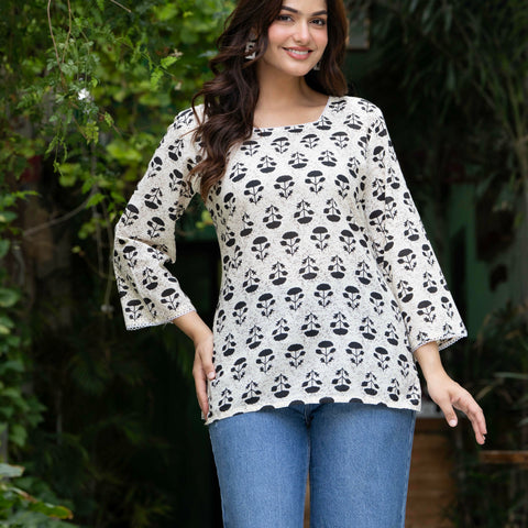 Women Off-White Floral Cotton Corset Top with Flared Sleeves