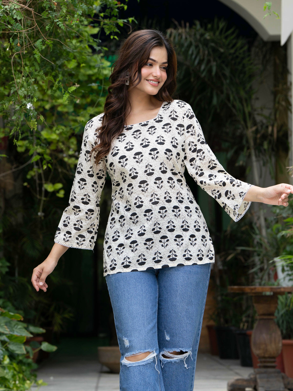Women Off-White Floral Cotton Corset Top with Flared Sleeves