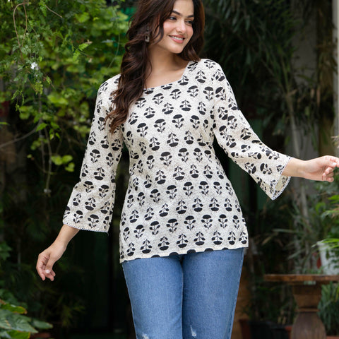 Women Off-White Floral Cotton Corset Top with Flared Sleeves
