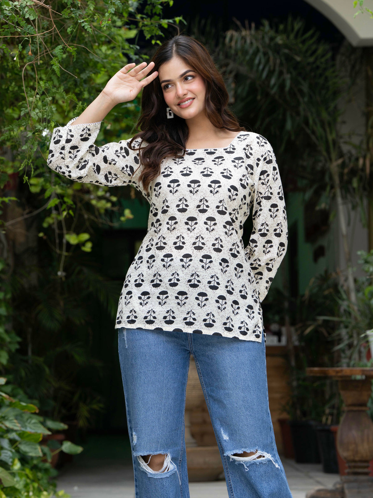 Women Off-White Floral Cotton Corset Top with Flared Sleeves