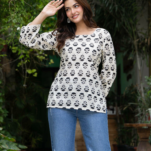 Women Off-White Floral Cotton Corset Top with Flared Sleeves
