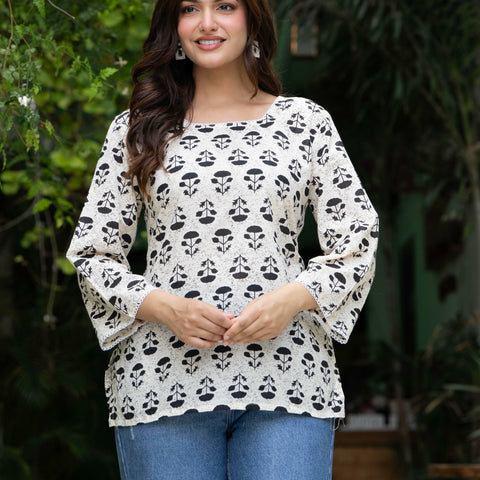 Women Off-White Floral Cotton Corset Top with Flared Sleeves