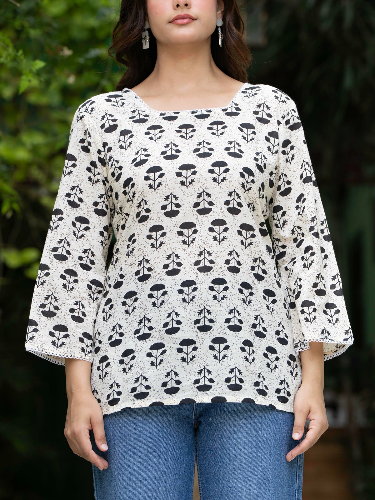 Women Off-White Floral Cotton Corset Top with Flared Sleeves
