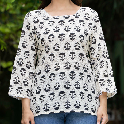 Women Off-White Floral Cotton Corset Top with Flared Sleeves
