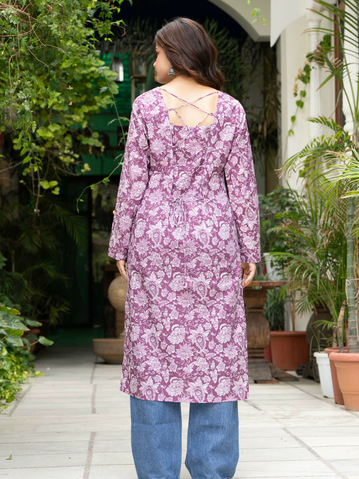 Women Light Pink Floral Printed Cotton Corset Long Kurti