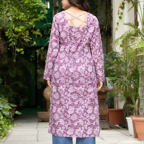 Women Light Pink Floral Printed Cotton Corset Long Kurti