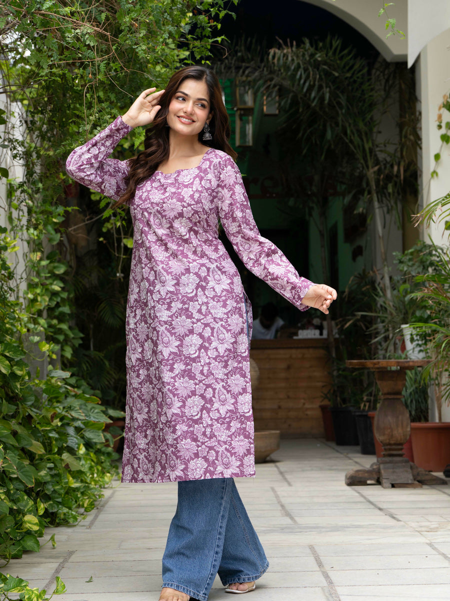Women Light Pink Floral Printed Cotton Corset Long Kurti