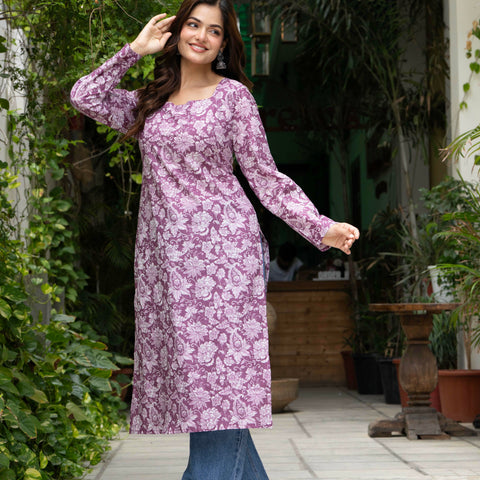 Women Light Pink Floral Printed Cotton Corset Long Kurti