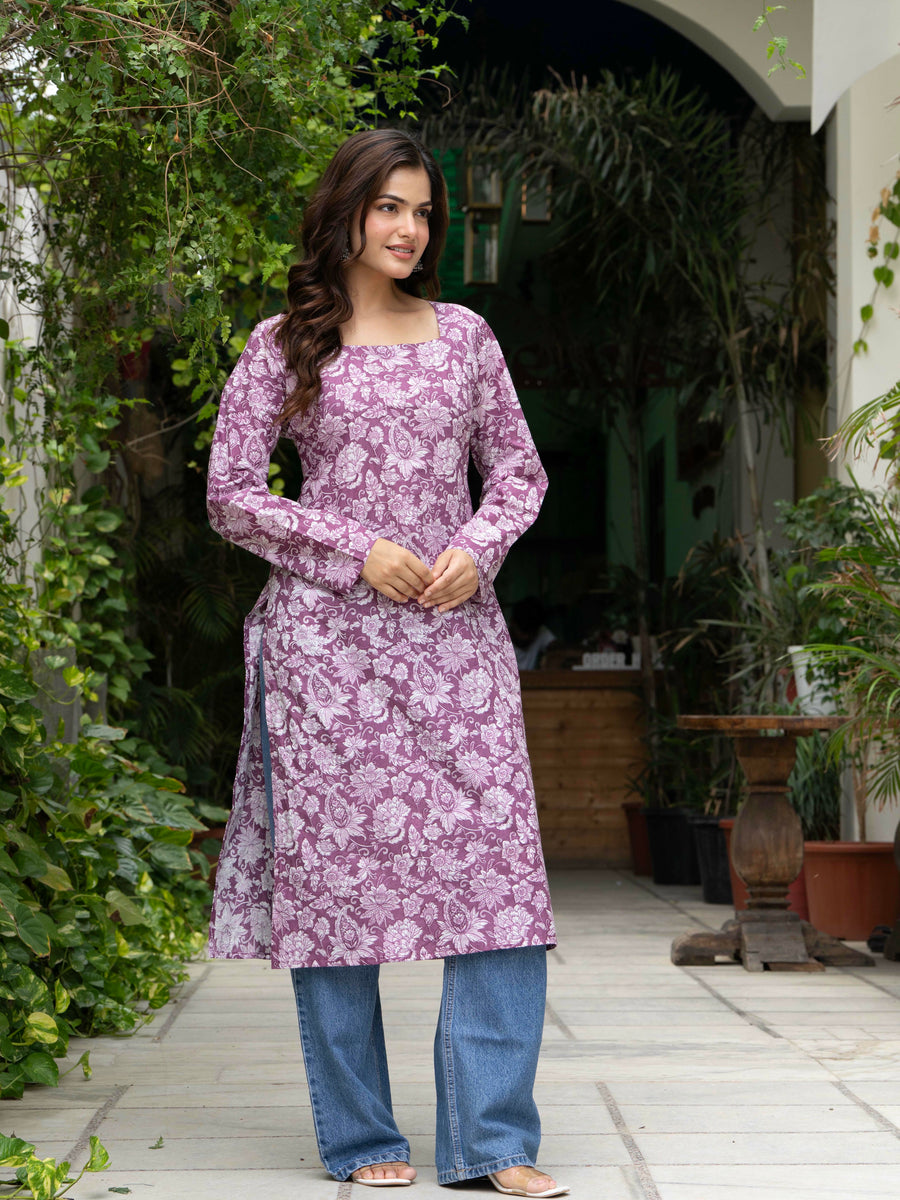 Women Light Pink Floral Printed Cotton Corset Long Kurti