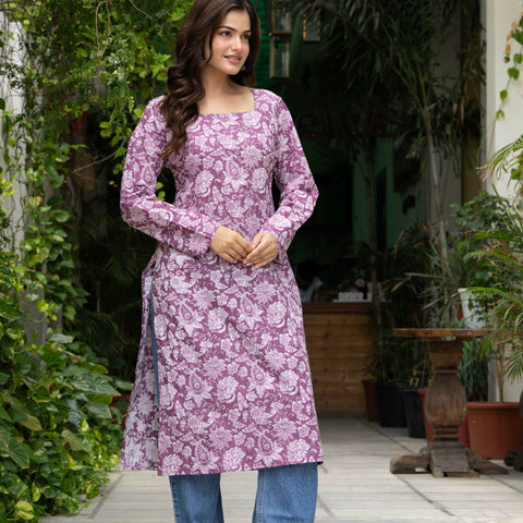 Women Light Pink Floral Printed Cotton Corset Long Kurti