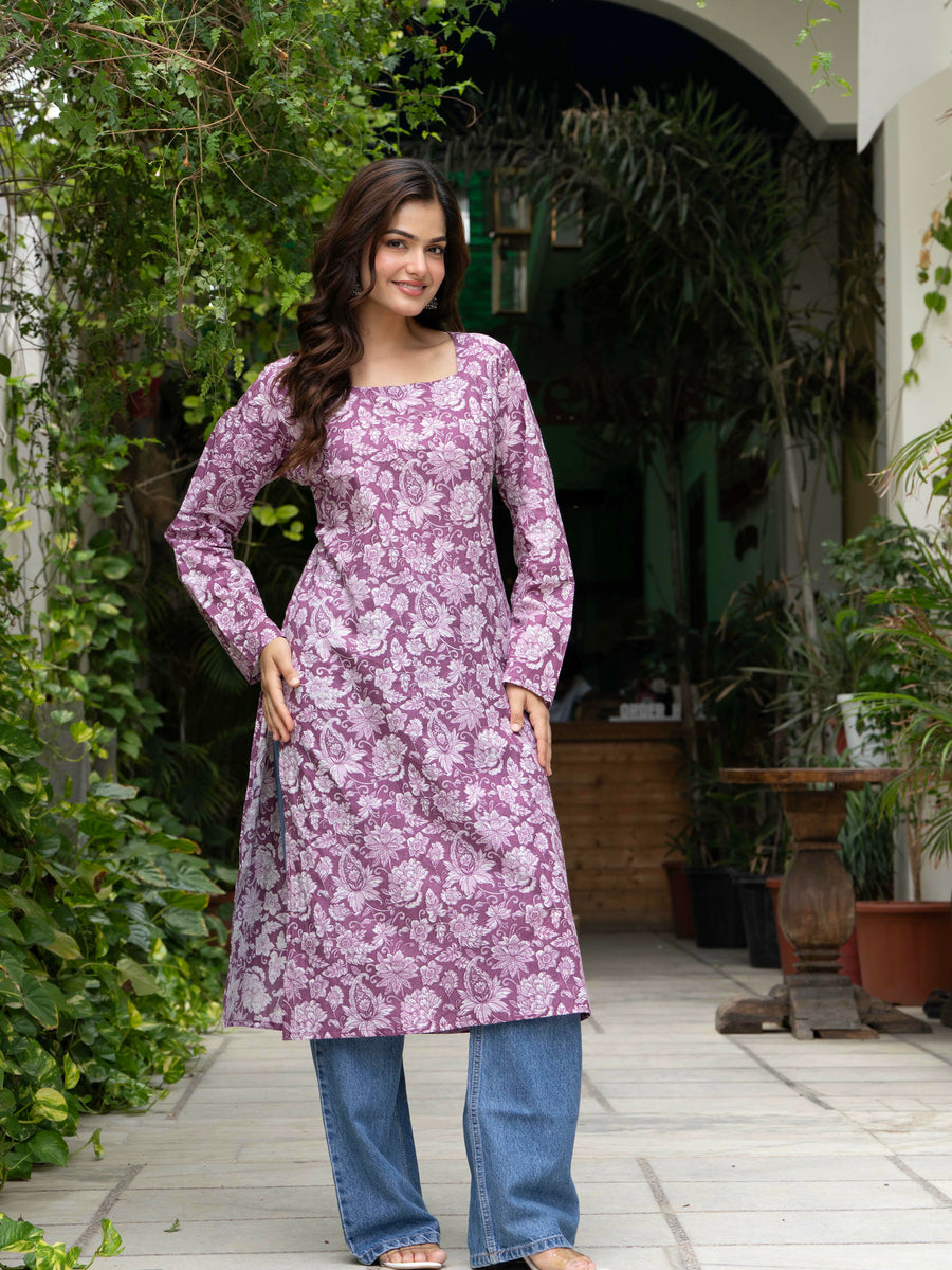Women Light Pink Floral Printed Cotton Corset Long Kurti