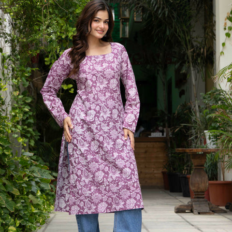 Women Light Pink Floral Printed Cotton Corset Long Kurti