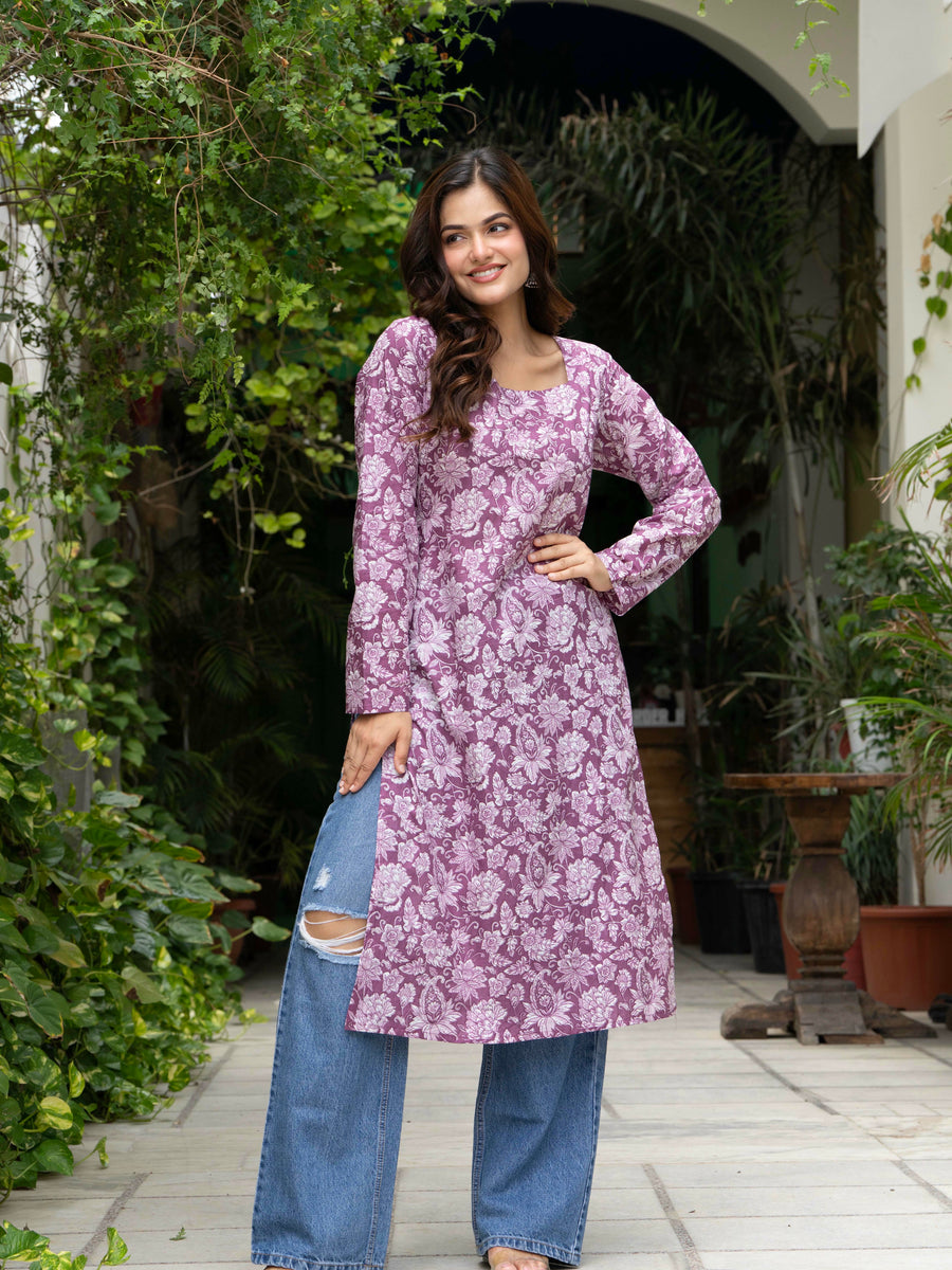 Women Light Pink Floral Printed Cotton Corset Long Kurti