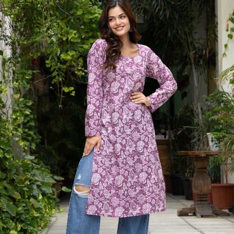Women Light Pink Floral Printed Cotton Corset Long Kurti