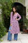 Women Light Pink Floral Printed Cotton Corset Long Kurti